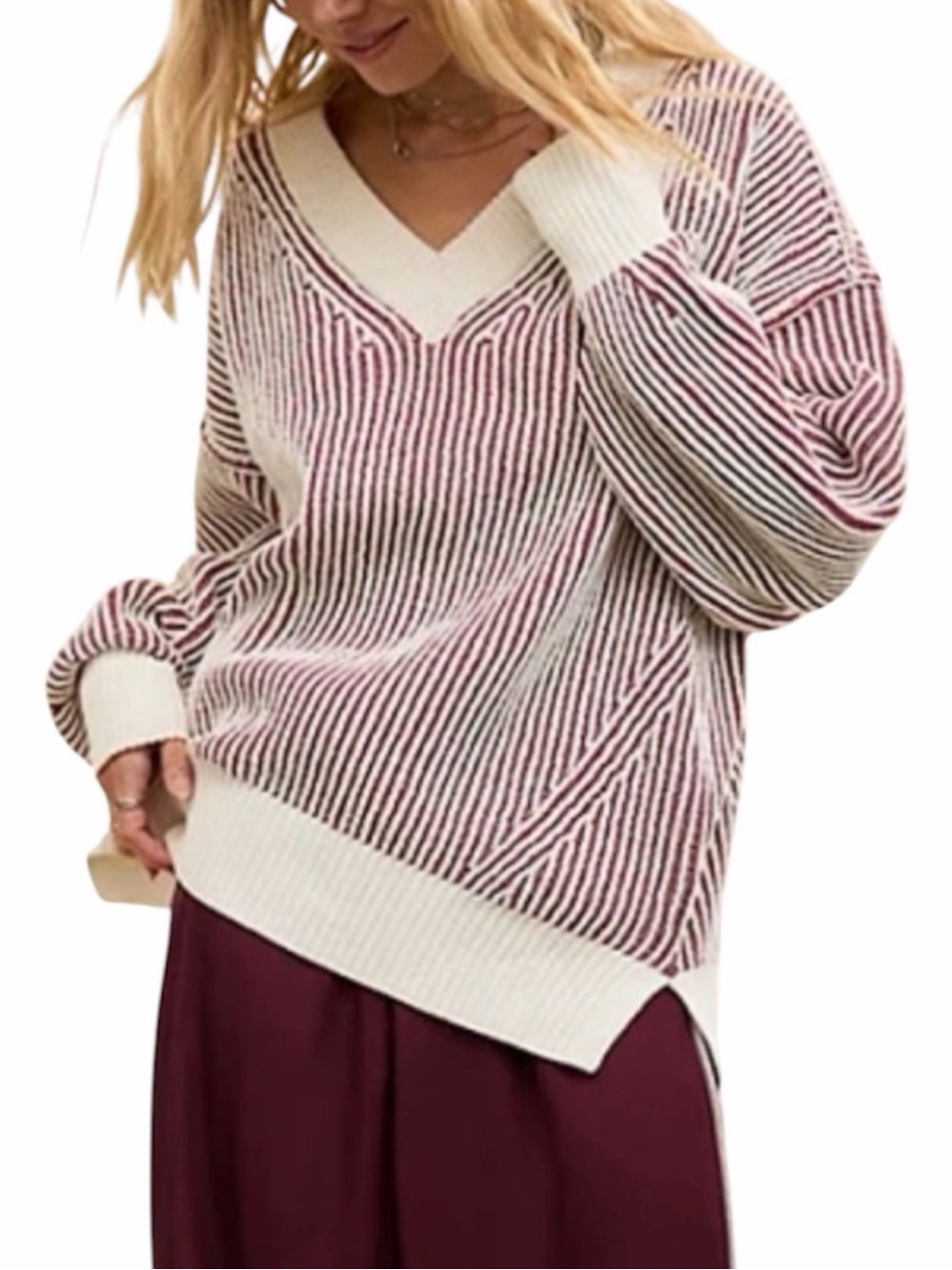aerie Beyond Chenille Striped V-Neck Knit Sweater: Red & White